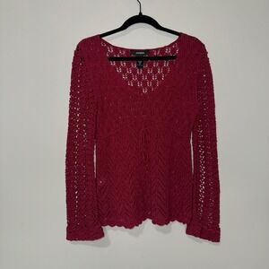Express Women Burgundy Crochet Knit V-Neck Empire Waist Long Sleeve Sweater M